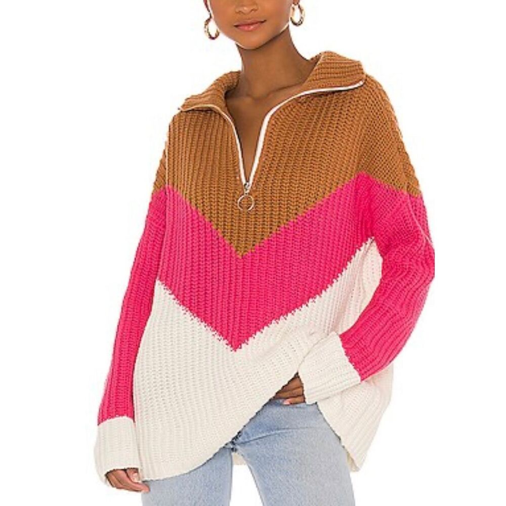 Show Me Your MuMu Chevron Zip V-Neck Sweater in Brown, Hot Pink, and Cream